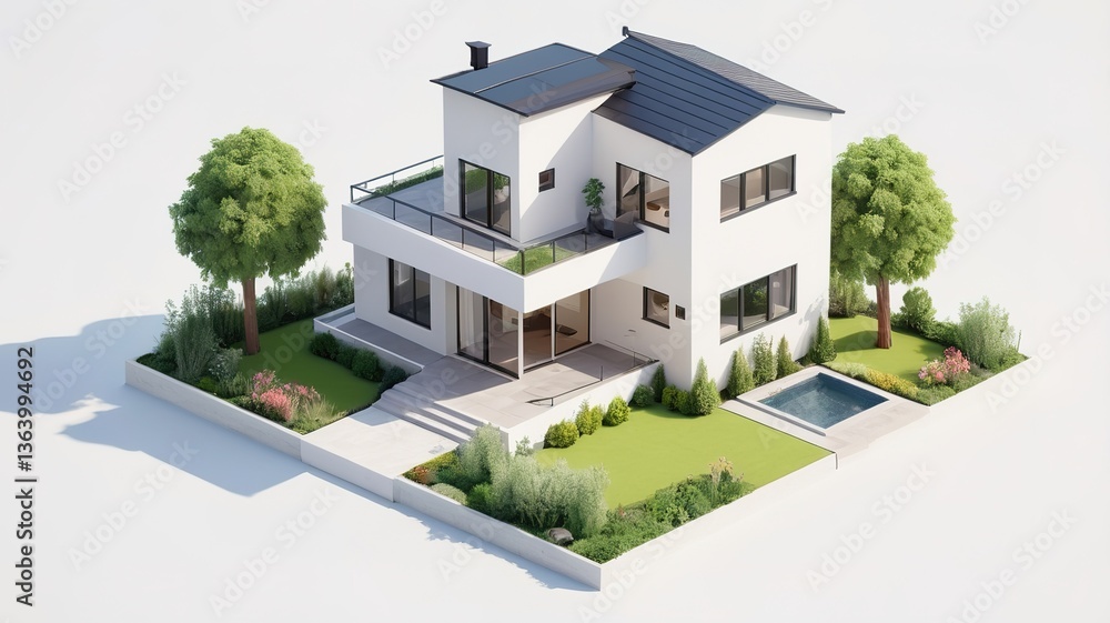 A small modern minimalist house isometric perspective, 3D model miniature A small modern minimalist house isometric perspective, 3D model miniature
