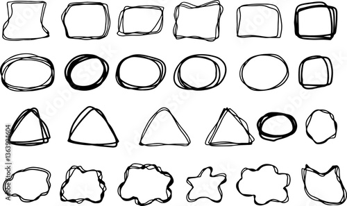 Set of handmade grunge style frames with curved black lines of different shapes, circles, triangles, shapeless figures