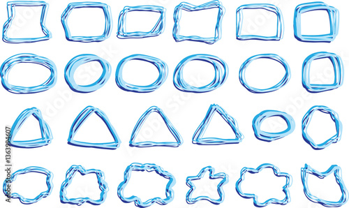 set of hand drawn frames in blue shades in grunge style with curved lines of different shapes, squares, triangles, circles