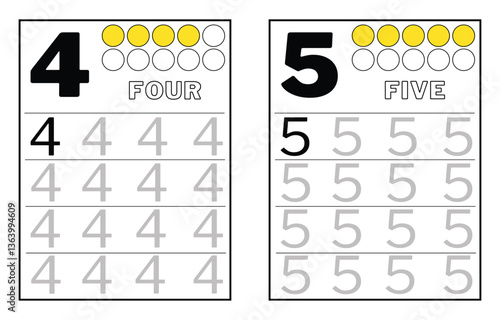 Number tracing practice worksheet with Worksheet for learning numbers. Number training writes and counts numbers. Exercises handwriting practice