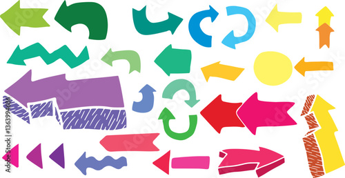 set of cute colorful grunge arrows hand drawn, voluminous arrows, lightning arrow, swirl arrows, double arrows, wavy arrow