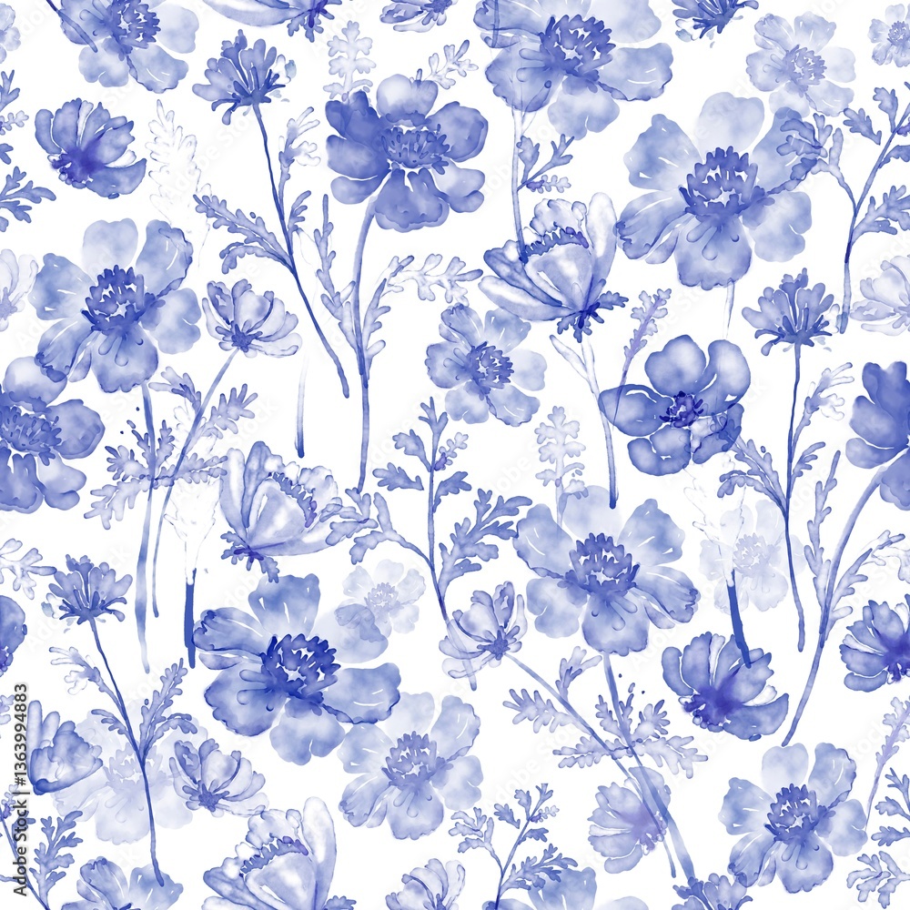 Obraz premium Floral background, seamless pattern watercolor blue anemone flower graphic
