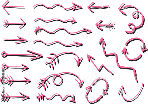 set of pink line arrows with feathers with shadows in grunge style hand drawn, arrows swirl, wavy arrows, growth arrows