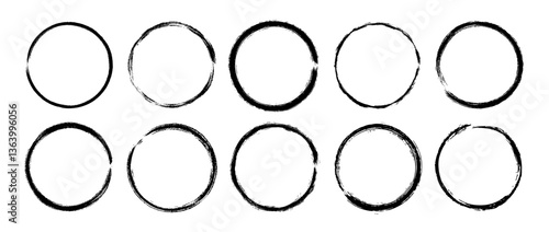 Round paint brush stroke set. Black grunge round stain collection. Ink or charcoal circular frame bundle for logo, label, poster, banner. Rough ring stamp mark pack. Vector outline design elements
