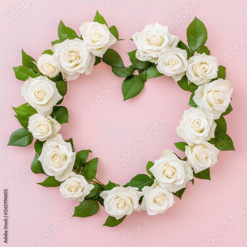 Wallpaper Mural Heart-shaped wreath of fresh white roses and green leaves on soft pink background, perfect for romantic occasions, weddings, or decorative displays Torontodigital.ca