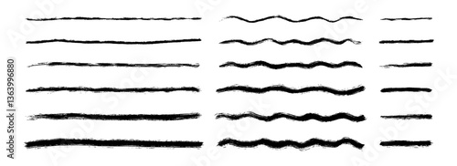 Straight and wavy paint line set. Thin to thick sketch brush stroke collection. Rough charcoal curved stripes for highlight, underline, emphasis. Vector hand drawn long and short crayon chalk strips