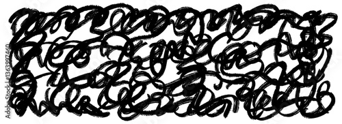 Black brush stroke scribbled texture. Hand drawn distressed grunge background for design template, banner, poster. Ink or paint doodled stroke wallpaper. Vector overlay scrawl and scrabble backdrop
