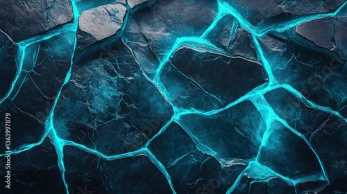 Glowing Aqua Veins Fracture Dark Stone Surface - Abstract Geology, Texture, and Striking Visuals