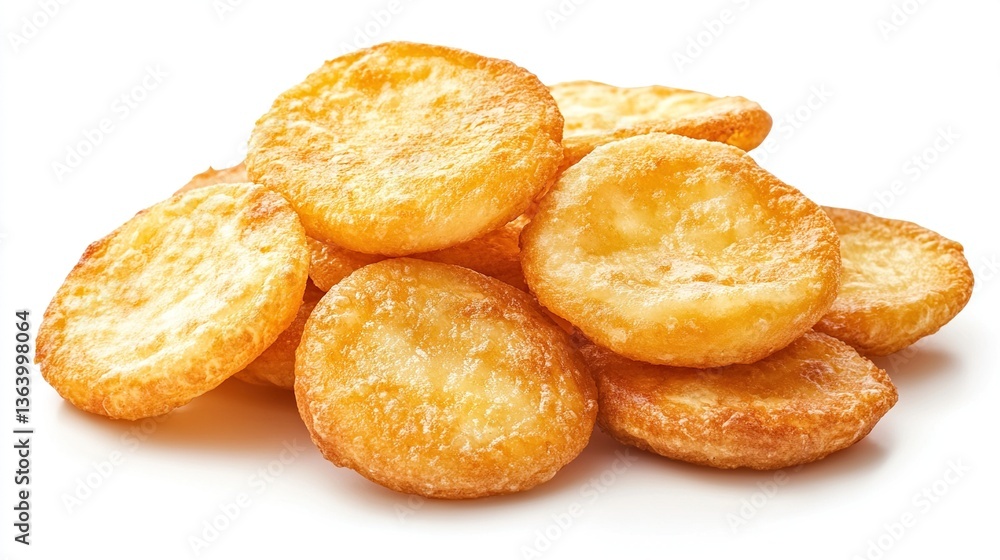 Golden-brown, small, round, fried snacks piled on white background. Golden-brown, small, round, fried snacks piled on white background.