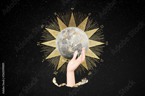 Obraz na płótnie Astrology full moon background, aesthetic celestial collage w salonie