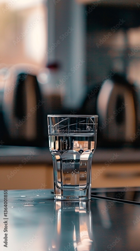 Refreshing Glass of Water on a Wooden Table with Blurred Kitchen Setting Refreshing Glass of Water on a Wooden Table with Blurred Kitchen Setting