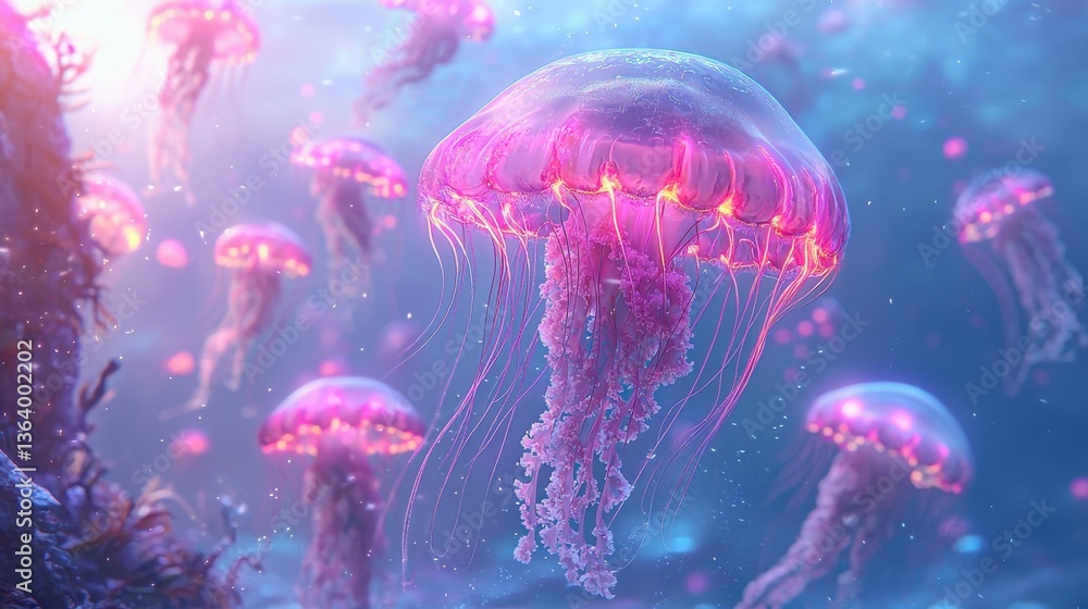Mesmerizing pink jellyfish floating gracefully in a serene bioluminescent underwater landscape surrounded by a tranquil and enchanting atmosphere Mesmerizing pink jellyfish floating gracefully in a serene bioluminescent underwater landscape surrounded by a tranquil and enchanting atmosphere