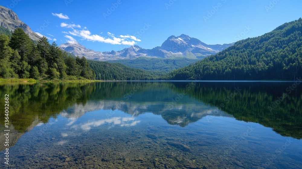 Serene lake mirroring snow-capped peaks and lush forests under a clear blue sky, showcasing pristine natural beauty and peaceful landscape Serene lake mirroring snow-capped peaks and lush forests under a clear blue sky, showcasing pristine natural beauty and peaceful landscape