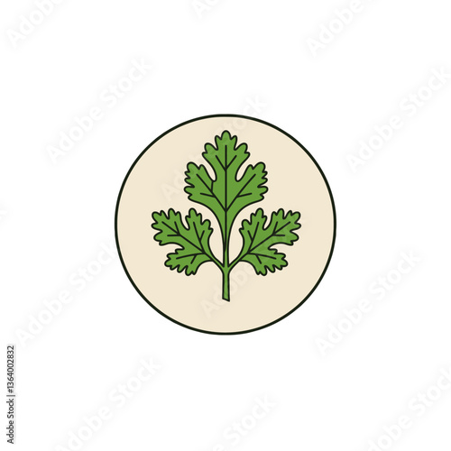 A green cilantro or parsley leaf inside a beige circle