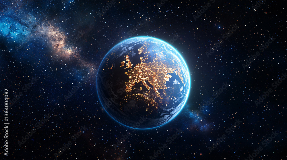 Fototapeta premium Earth from Space Featuring Europe Night City Lights Glowing Against Milky Way Galaxy Background