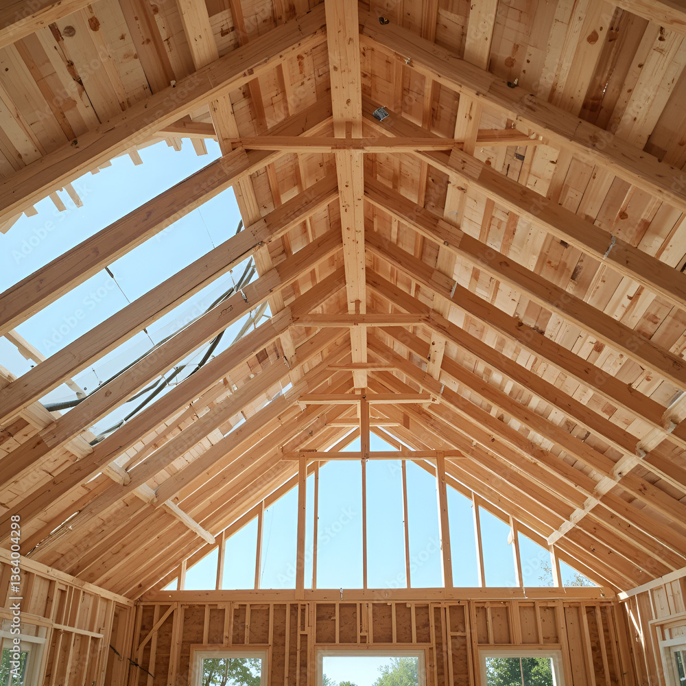 Obraz premium Engineered wood joists or rafters forming the roof of a house under construction