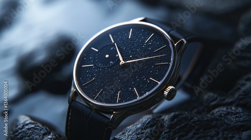 Wallpaper Mural Elegant black wristwatch with gold accents, resting on dark rocks. Torontodigital.ca