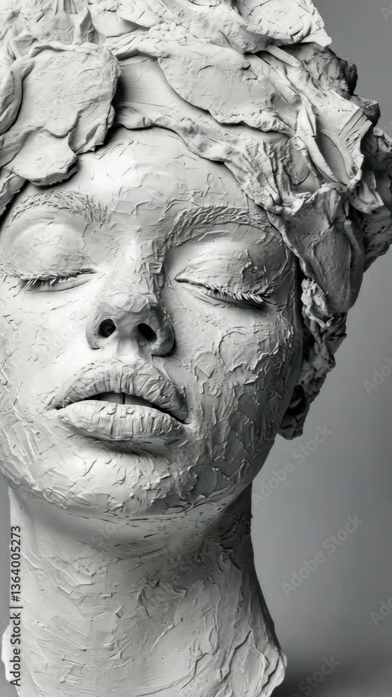 Sculptural representation of a serene female figure with textured surface and floral elements Sculptural representation of a serene female figure with textured surface and floral elements
