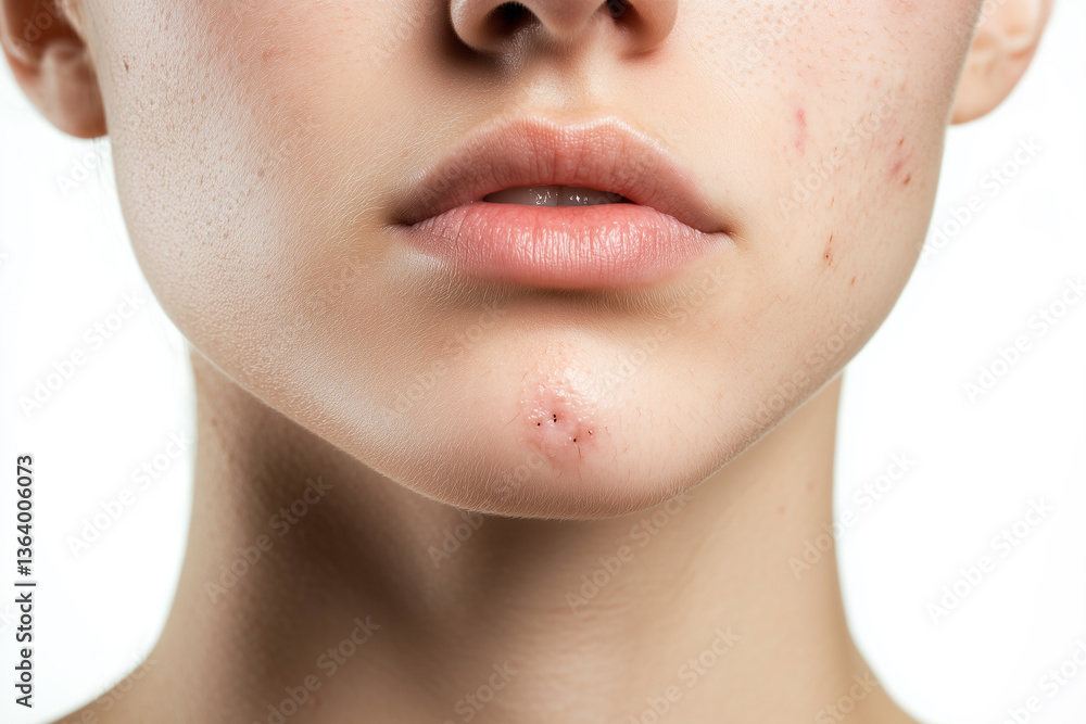 Obraz premium Sad young girl with acne problem on her face. Generative Ai. 