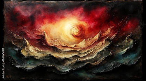 Abstract fiery sunset over swirling ocean waves.