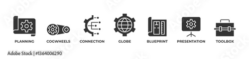 Integrated Planning  Icons set vector illustration with PLANNING, COGWHEELS, CONNECTION, GLOBE, BLUEPRINT, PRESENTATION, TOOLBOX