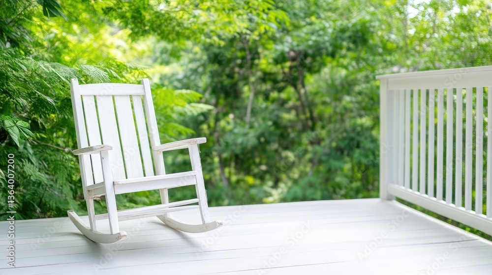 White rocking chair on a bright wooden porch with lush green background White rocking chair on a bright wooden porch with lush green background
