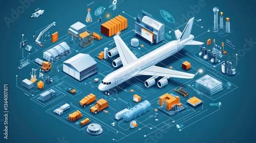Isometric illustration of an aircraft with logistics network and connected systems