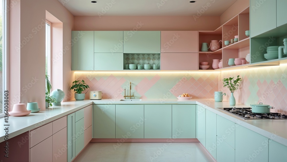 Fototapeta premium Colorful Kitchen Makeover with Pastel Cabinets and Stylish Backsplash