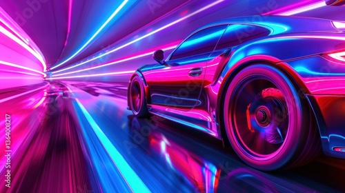 Sports car speeding through futuristic neon tunnel with glowing lights. Concept of speed, technology, and future.