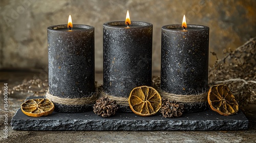 Candle Arrangement with Dried Citrus Rustic Setting Decorative Home Accent Cozy Environment Close-Up View Warm Ambiance