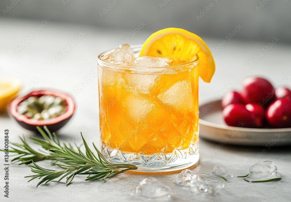 Refreshing Citrus Beverage with Ice and Garnish in Glass Cup Surrounded by Fresh Ingredients on Bright Background Refreshing Citrus Beverage with Ice and Garnish in Glass Cup Surrounded by Fresh Ingredients on Bright Background