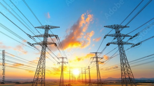 High voltage power transmission towers and electrical lines against a stunning vibrant sunset sky with dramatic clouds  Electrical infrastructure and energy distribution concept in a rural