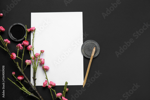 Fotografie Composition with blank sheet of paper, ink, nib pen and blooming branch on dark background