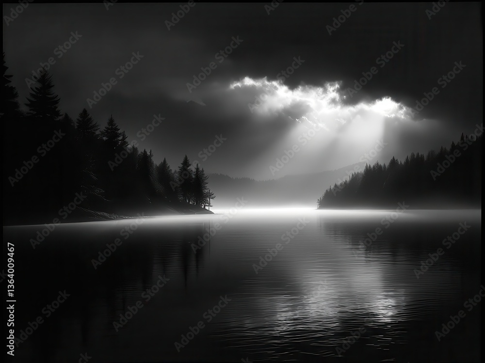 Fototapeta premium A stunning black and white photograph capturing a serene mountain lake surrounded by towering trees and majestic mountains. The mist around the water and the dramatic sky create a mystical atmosphere,