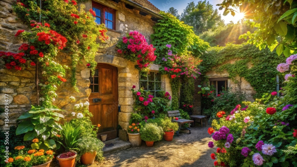 Naklejka premium Sunlit Stone Cottage Adorned with Vibrant Blossoms and Lush Greenery in a Picturesque Garden Setting