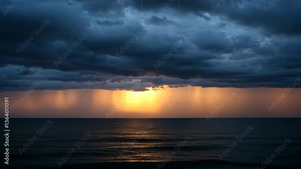 Dramatic sunset over calm sea, dark clouds Dramatic sunset over calm sea, dark clouds