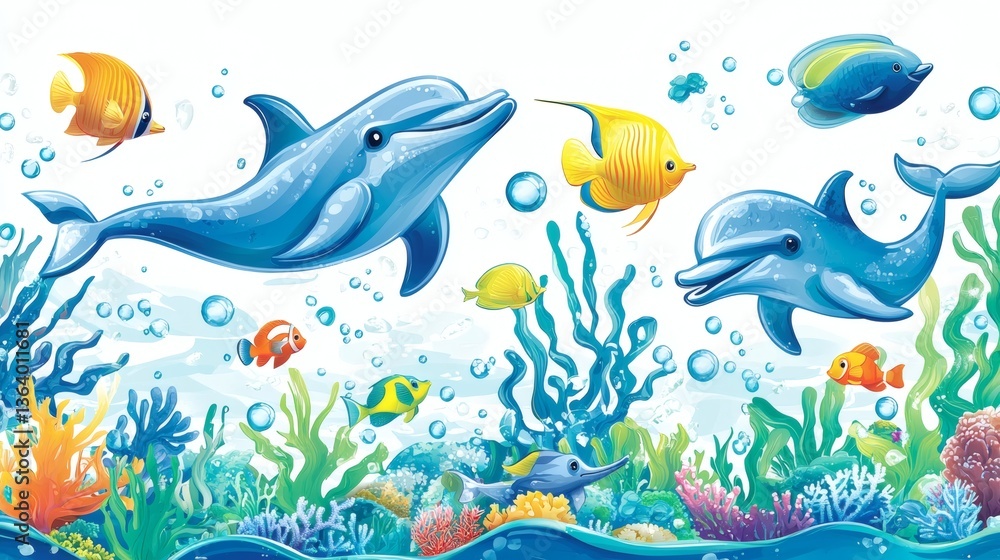 Colorful Underwater Scene with Dolphins and Tropical Fish Colorful Underwater Scene with Dolphins and Tropical Fish
