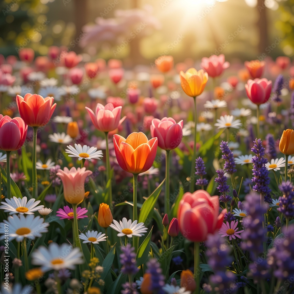 Obraz premium colorful spring garden, blooming paradise, tulips and cherry blossoms, golden sunlight, warm breeze, butterflies fluttering, dreamy atmosphere, lush greenery, soft petals falling, whimsical beauty