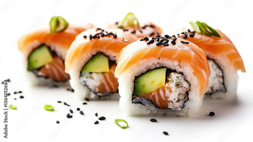 Four salmon sushi rolls with avocado, rice, and sesame seeds. Four salmon sushi rolls with avocado, rice, and sesame seeds.