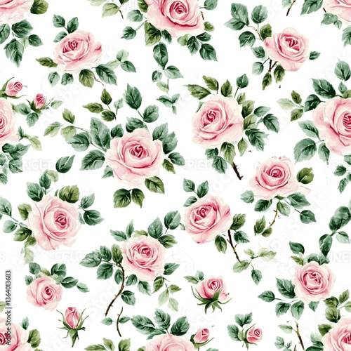 Wallpaper Mural A seamless pattern of pink roses, green leaves, and buds on a white background, showcasing detailed and elegant botanical illustrations. Torontodigital.ca