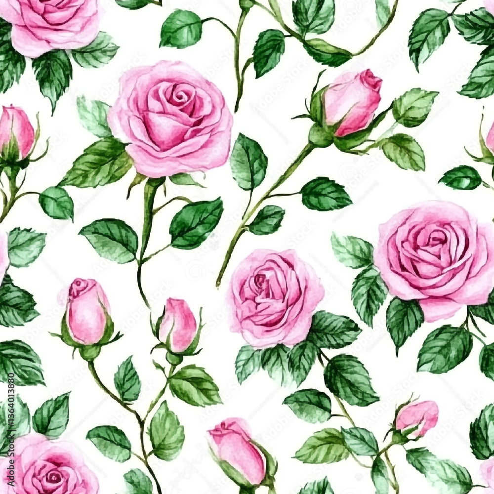 A seamless pattern of pink roses, green leaves, and buds on a white background, showcasing detailed and elegant botanical illustrations. A seamless pattern of pink roses, green leaves, and buds on a white background, showcasing detailed and elegant botanical illustrations.