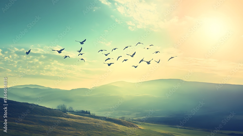Birds soaring over a tranquil landscape with looming clouds, symbolizing global health threats and virus spread Birds soaring over a tranquil landscape with looming clouds, symbolizing global health threats and virus spread