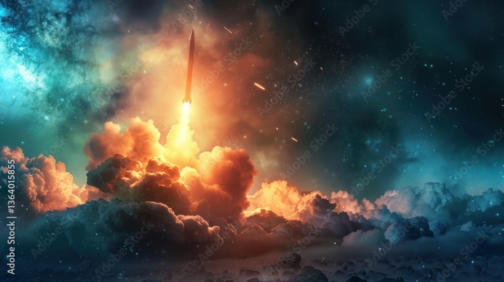 Fototapeta premium Rocket Launch Through a Starry Night Sky
