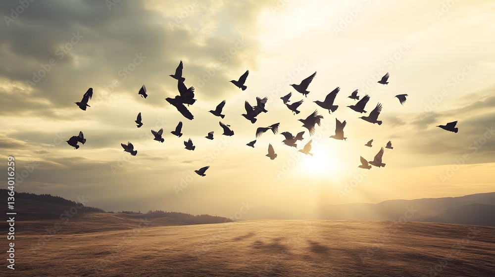 Fototapeta premium Birds soaring over a tranquil landscape with looming clouds, symbolizing global health threats and virus spread