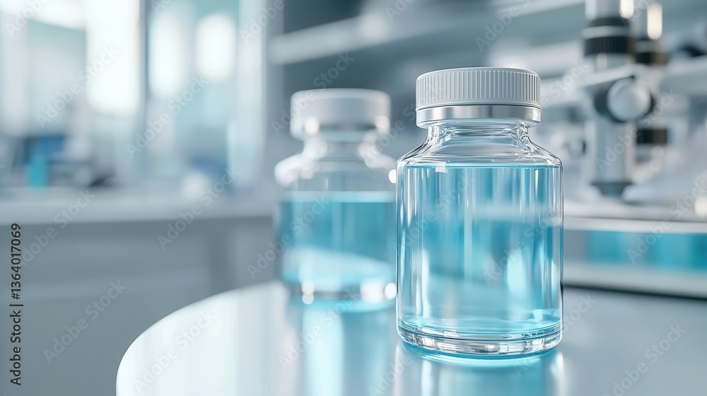 Close up view of a chemistry laboratory with various types of glassware and equipment such as beakers flasks test tubes and vials filled with transparent blue liquids Close up view of a chemistry laboratory with various types of glassware and equipment such as beakers flasks test tubes and vials filled with transparent blue liquids