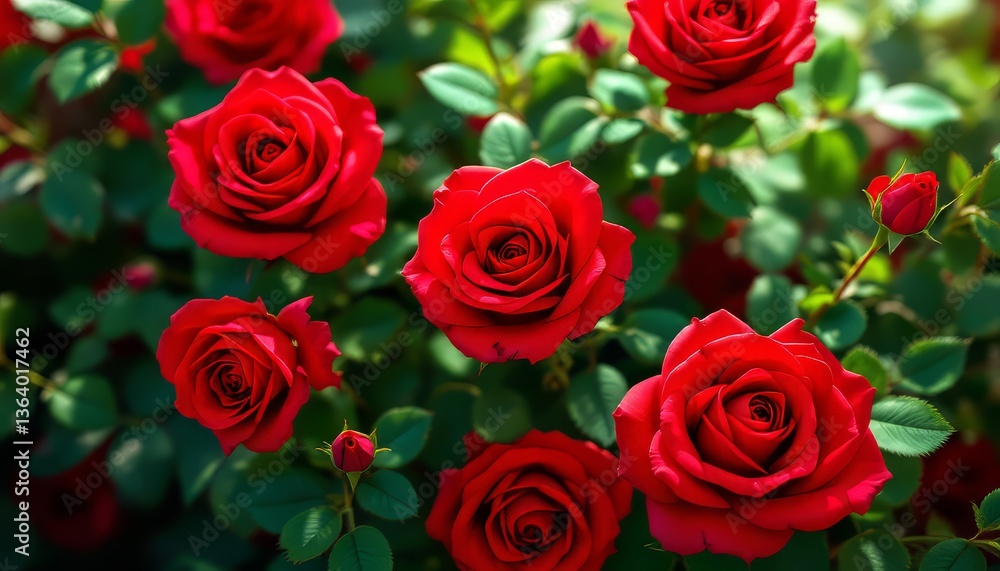 Blooming Red Roses in Garden with Green Leaves and Buds Blooming Red Roses in Garden with Green Leaves and Buds