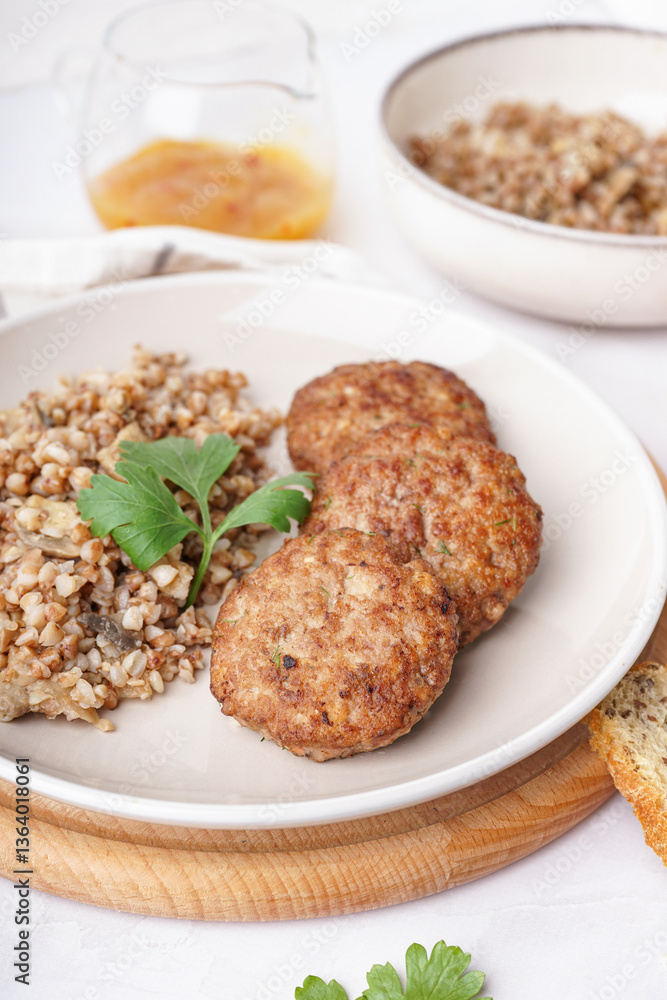 Cutlets with buckwheat, mushrooms and parsley on white table in kitchen Cutlets with buckwheat, mushrooms and parsley on white table in kitchen