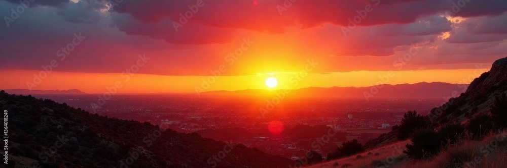 Obraz premium Sun dips below vibrant Johannesburg, casting long shadows , photography, Johannesburg