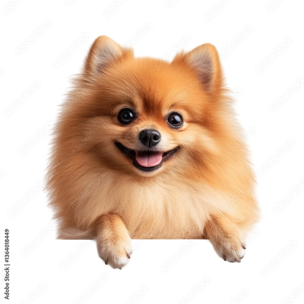 Cute Pomeranian dog playfully sitting on a white podium with a joyful expression Cute Pomeranian dog playfully sitting on a white podium with a joyful expression