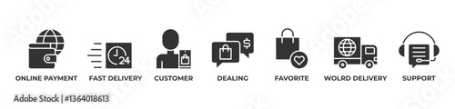 Global Shopping Experience Icons set vector illustration with ONLINE PAYMENT, FAST DELIVERY, CUSTOMER, DEALING, FAVORITE, WOLRD DELIVERY, SUPPORT